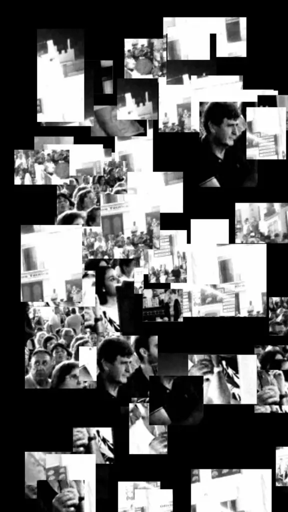 Fragmented black-and-white scene of musicians and the crowd in Cómpeta